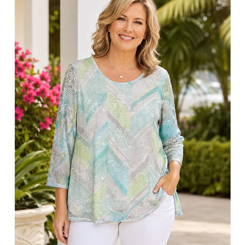 Alfred Dunner 2X Aqua Lace Overlay Knit Top Pastel Costal Brunch Feminine